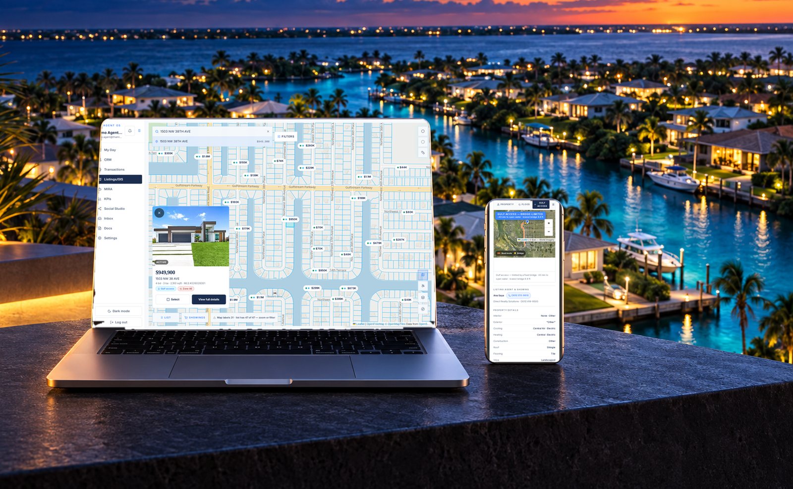 A laptop and phone on a desk overlooking a Cape Coral canal. The laptop shows our listings map with a Cape Coral home, its price, and Gulf access and flood zone badges; the phone shows the same home's Gulf access route, with about 43 minutes to open water and the lowest bridge at 8.9 feet.