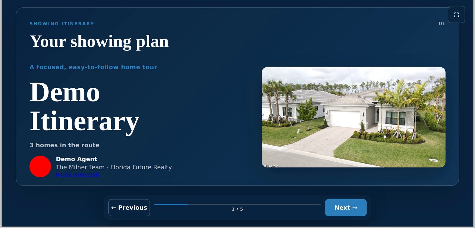 Team-branded showing itinerary with a demo agent and a home photo.