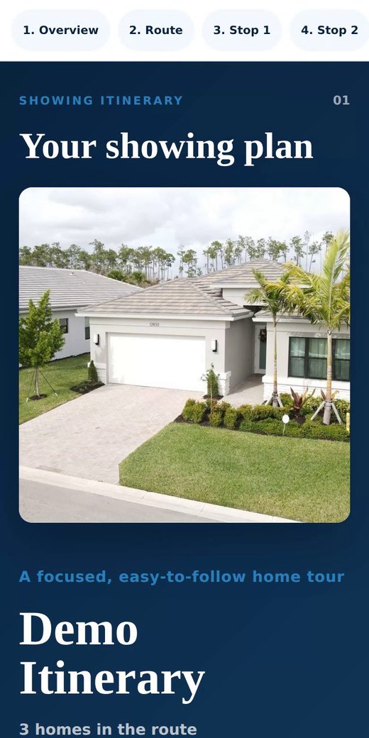 The showing plan on a phone: team-branded cover with the first home's photo.