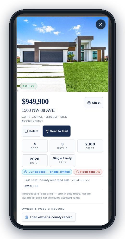 Listing on the phone: Cape Coral home photo, price, beds, baths, square feet and Gulf access and flood zone badges.