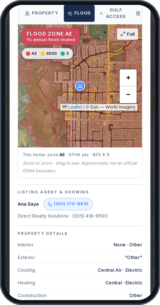 Flood tab: FEMA flood zone AE on the map for this home.