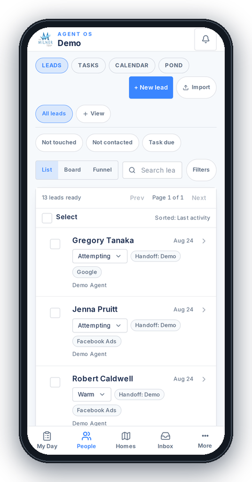 People on the phone: the lead book with status, source and handoff for each demo lead, plus List, Board and Funnel views.